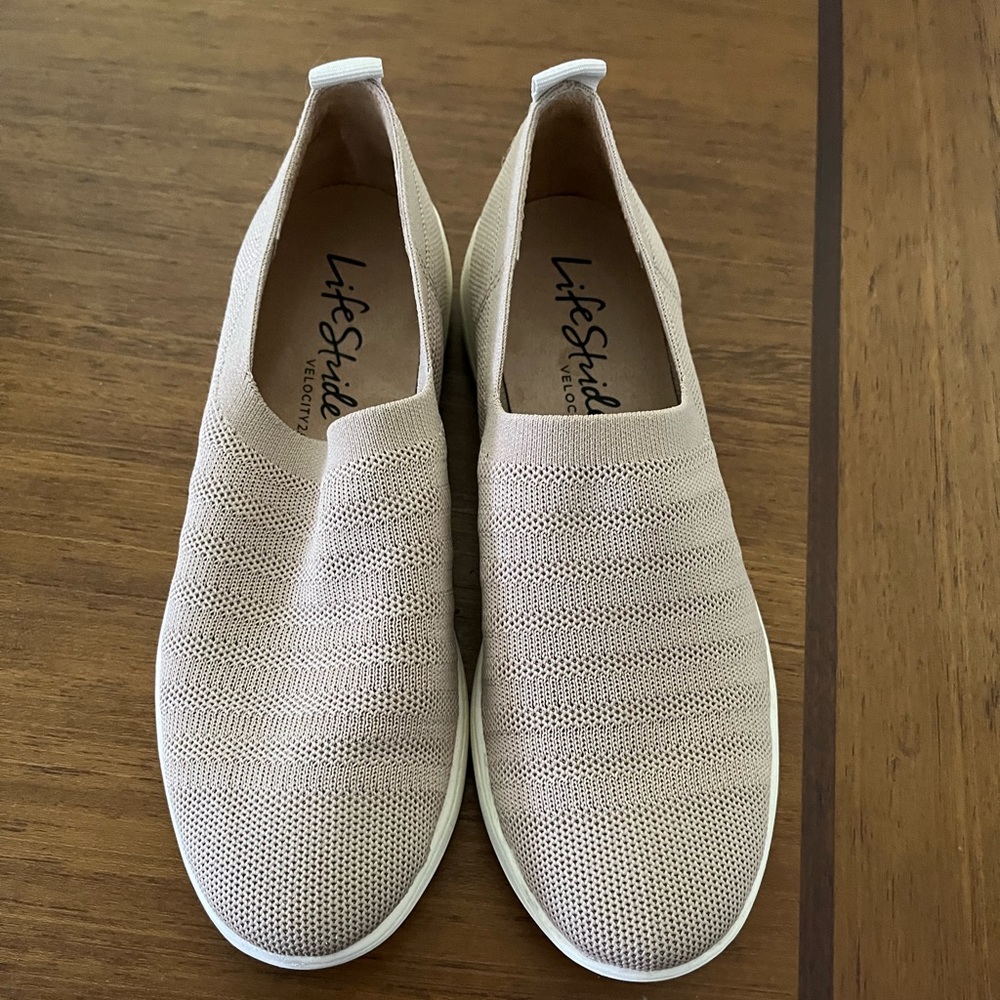 New beige slip on walking shoes NWOT